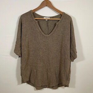 Macaron Women Brown Short Sleeve Raw Hem Pullover Sweater L